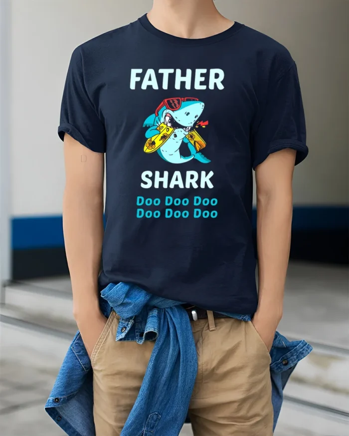 Father Shark Funny Dad Shark Doo Doo T-Shirt - model wearing navy shirt, hands in pockets