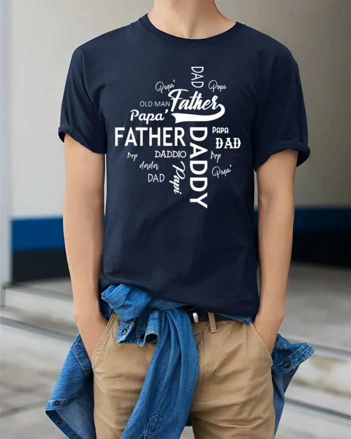 Daddy Papa Pops T-Shirt Father’s Day Nickname Tee - model wearing navy shirt, hands in pockets