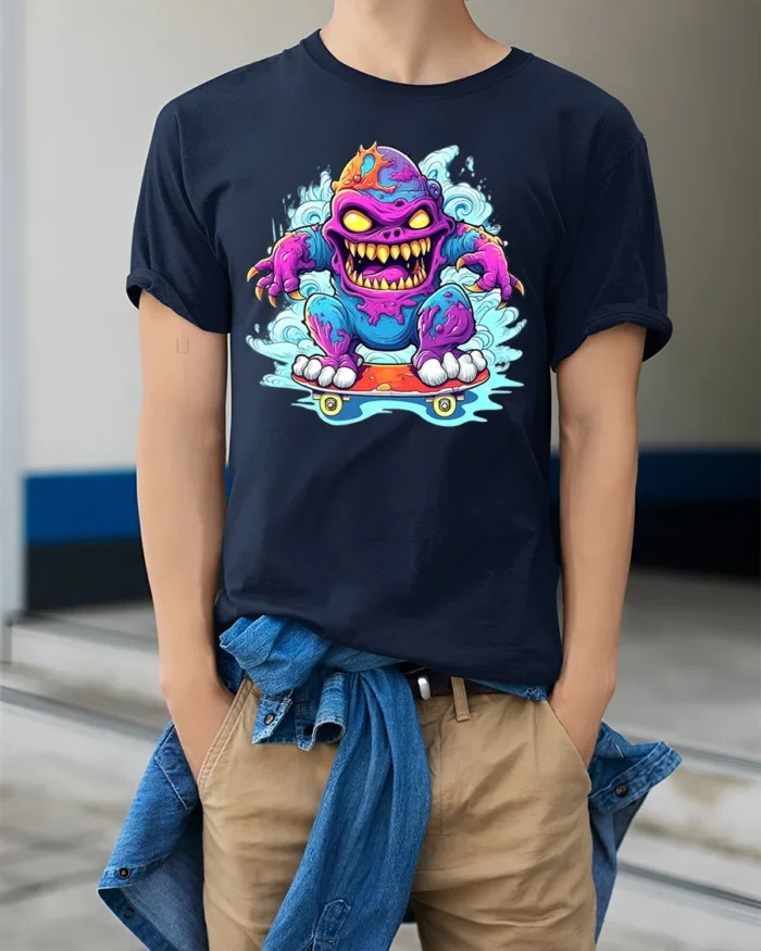 Skate Monster Funny Cartoon Skateboard T-Shirt - model wearing navy shirt, hands in pockets