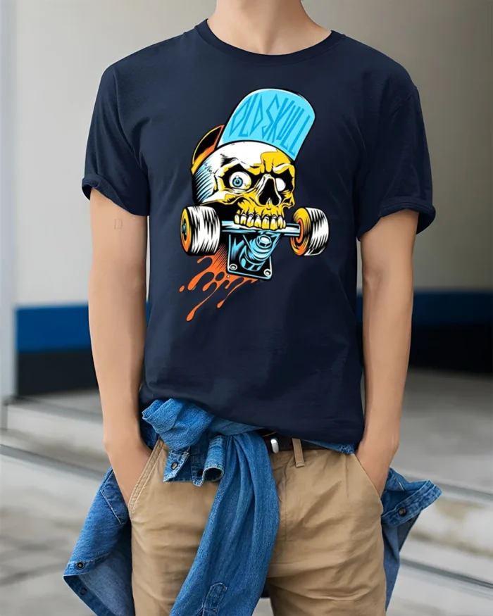Cool Skull Skateboard Funny Skeleton Rider Tee - model wearing navy shirt, hands in pockets