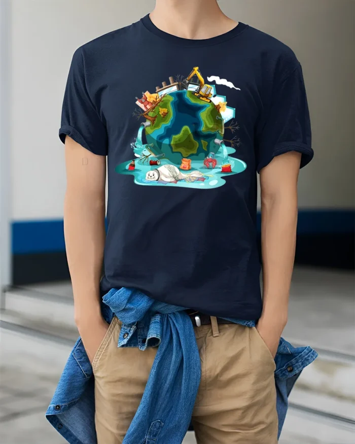 Melting Earth Climate Change Awareness T-Shirt - model wearing navy shirt, hands in pockets