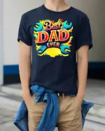 Best Dad Ever Funny Father’s Day Wrench T-Shirt - model wearing navy shirt, hands in pockets