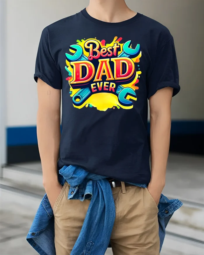 Best Dad Ever Funny Father’s Day Wrench T-Shirt - model wearing navy shirt, hands in pockets
