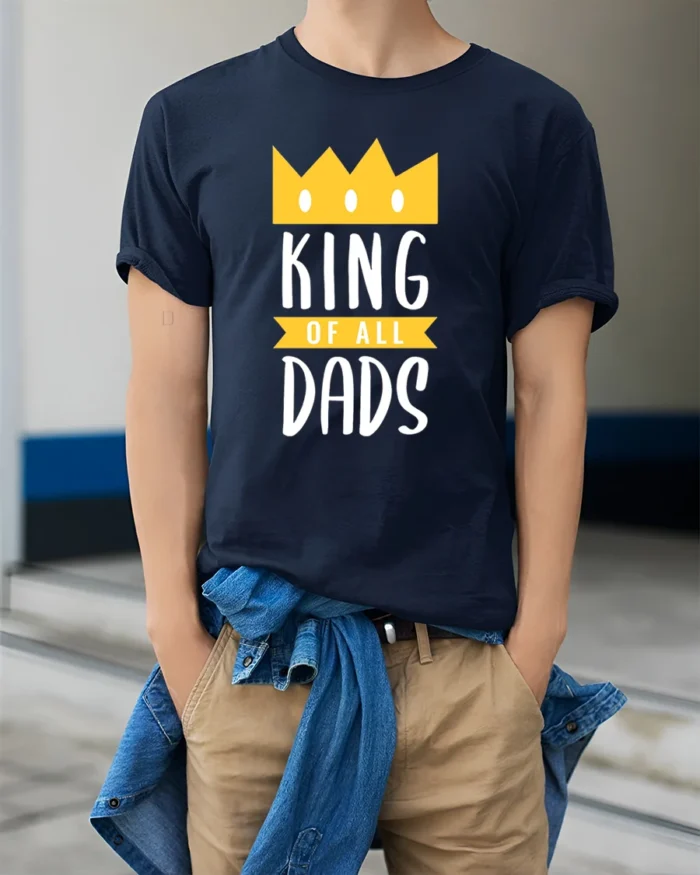 King of Dads Best Dad Crown Graphic T-Shirt Gift - model wearing navy shirt, hands in pockets