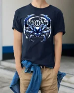 Cyber Spider Metallic Alien Insect Graphic T-Shirt - model wearing navy shirt, hands in pockets