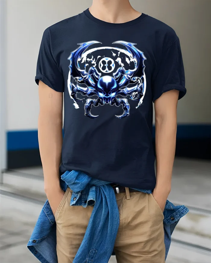 Cyber Spider Metallic Alien Insect Graphic T-Shirt - model wearing navy shirt, hands in pockets