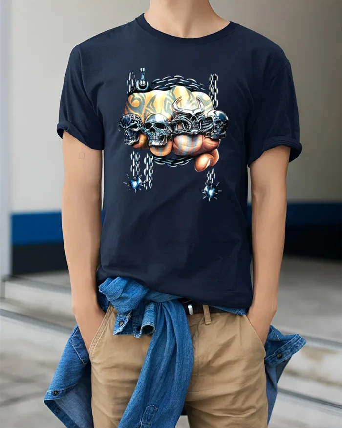 Skull Crusher Fist Metal Rock Graphic T-Shirt - model wearing navy shirt, hands in pockets