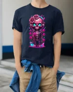 Romantic Skull Cute Skull with Roses T-Shirt - model wearing navy shirt, hands in pockets