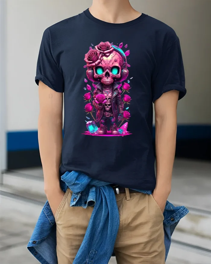 Romantic Skull Cute Skull with Roses T-Shirt - model wearing navy shirt, hands in pockets