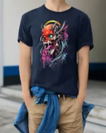 Cyberpunk Oni T-Shirt Futuristic Demon Skull - model wearing navy shirt, hands in pockets