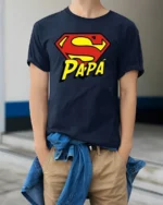 Papa Superman T-Shirt Funny Father’s Day Hero - model wearing navy shirt, hands in pockets