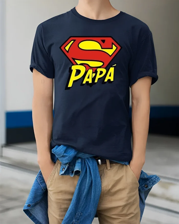Papa Superman T-Shirt Funny Father’s Day Hero - model wearing navy shirt, hands in pockets