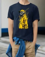 Urban YOLO Skull Trendy Skeleton Hoodie T-Shirt - model wearing navy shirt, hands in pockets
