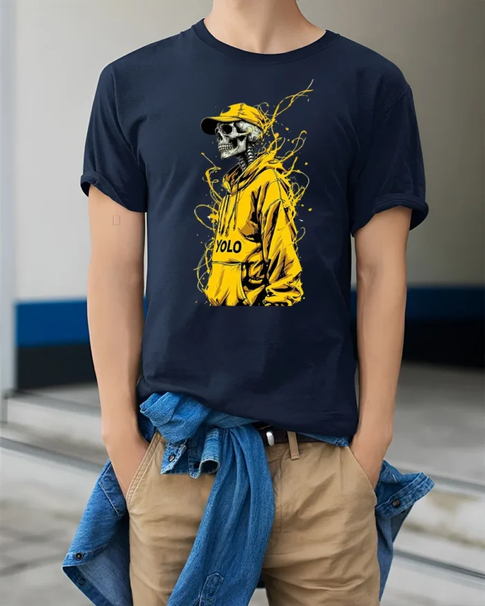 Urban YOLO Skull Trendy Skeleton Hoodie T-Shirt - model wearing navy shirt, hands in pockets