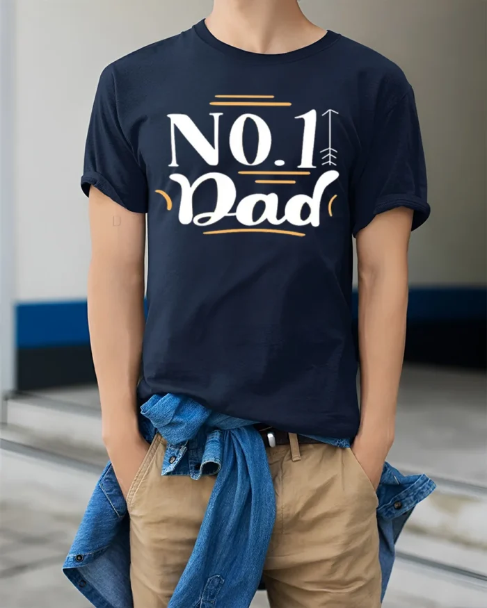 Number One Dad Tee Best Father’s Day T-Shirt Gift - model wearing navy shirt, hands in pockets