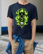 Green Flame Demon Eerie Monster Graphic T-Shirt - model wearing navy shirt, hands in pockets