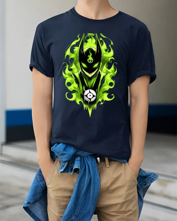 Green Flame Demon Eerie Monster Graphic T-Shirt - model wearing navy shirt, hands in pockets