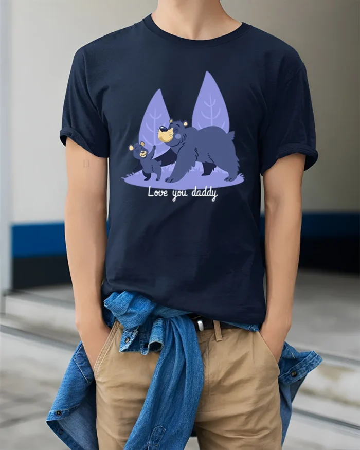 Love You Daddy Bear Cute Father’s Day T-Shirt - model wearing navy shirt, hands in pockets