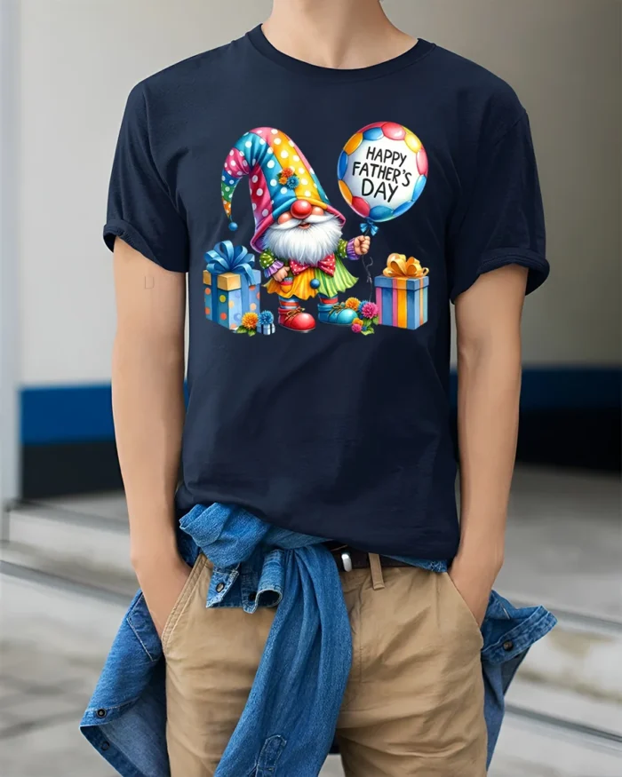 Gnome Dad Cute Father’s Day Celebration Tee - model wearing navy shirt, hands in pockets