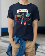 Awesome Science Tee Educational Science Graphic - model wearing navy shirt, hands in pockets