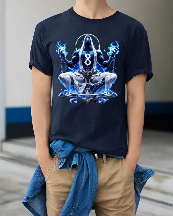 Blue Zen Master T-Shirt Spiritual Meditation Tee Now - model wearing navy shirt, hands in pockets