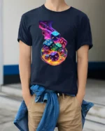 Swirling Dice Colorful Luck Gambling T-Shirt - model wearing navy shirt, hands in pockets
