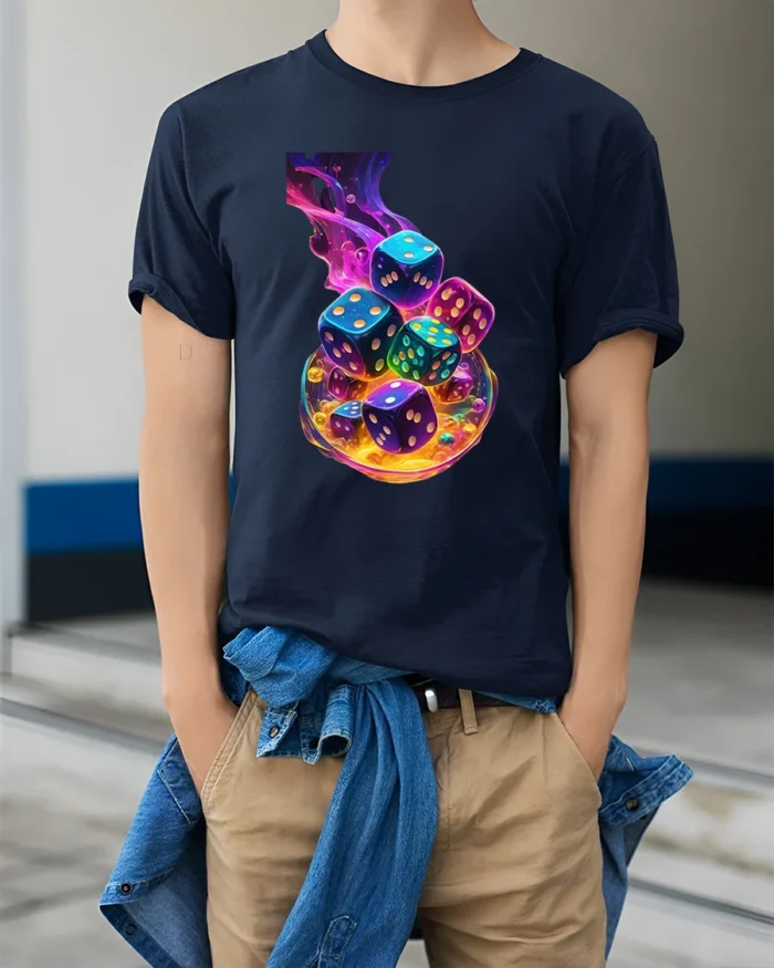 Swirling Dice Colorful Luck Gambling T-Shirt - model wearing navy shirt, hands in pockets