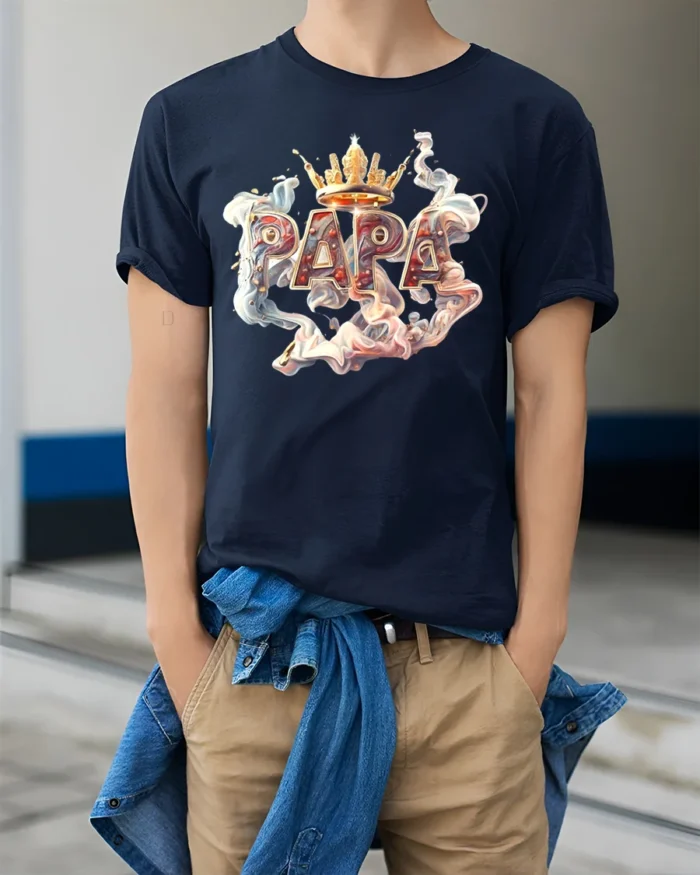 Papa King Tee Cool Father’s Day Gift for Grandpa - model wearing navy shirt, hands in pockets