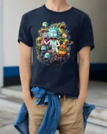 Rick and Morty Multiverse Funny Cartoon T-Shirt - model wearing navy shirt, hands in pockets