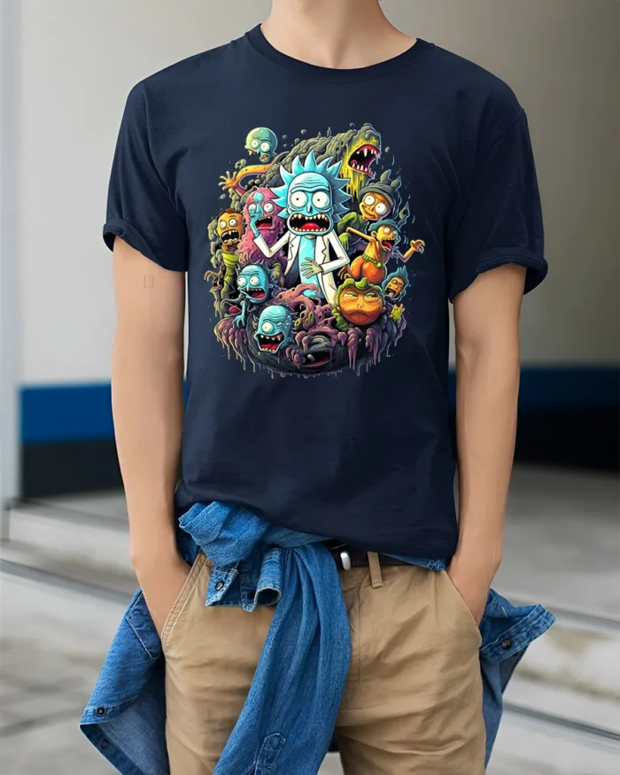 Rick and Morty Multiverse Funny Cartoon T-Shirt - model wearing navy shirt, hands in pockets