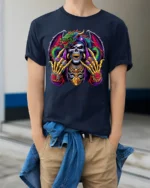 Jeweled Skull Dragon T-Shirt Edgy Fantasy Tee Now - model wearing navy shirt, hands in pockets