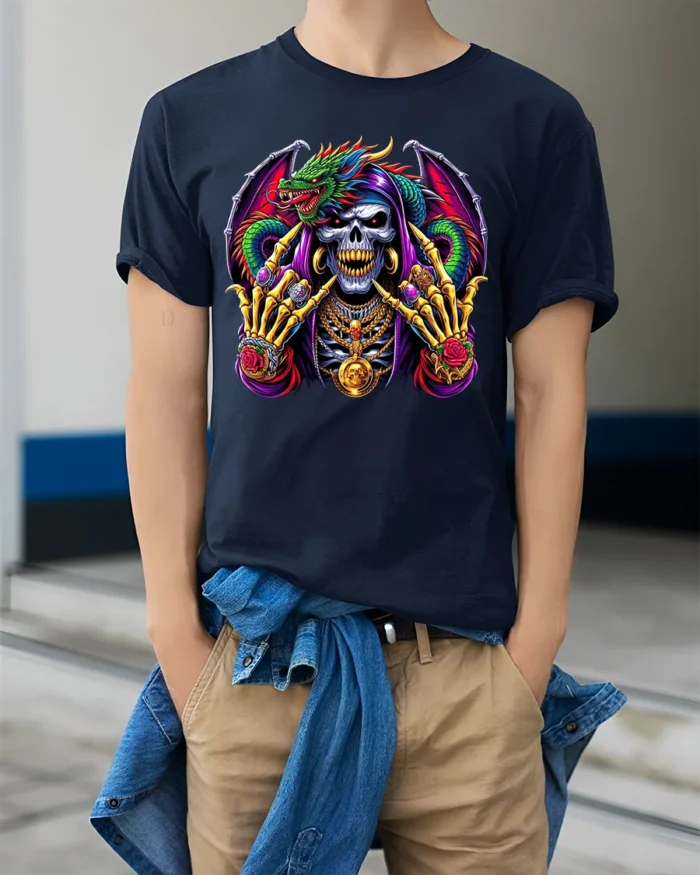 Jeweled Skull Dragon T-Shirt Edgy Fantasy Tee Now - model wearing navy shirt, hands in pockets