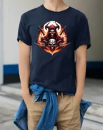 Blazing Skull Swords Dark Fantasy Warrior Tee - model wearing navy shirt, hands in pockets