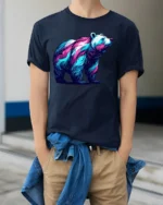 Cosmic Bear Galaxy Nebula Animal T-Shirt - model wearing navy shirt, hands in pockets