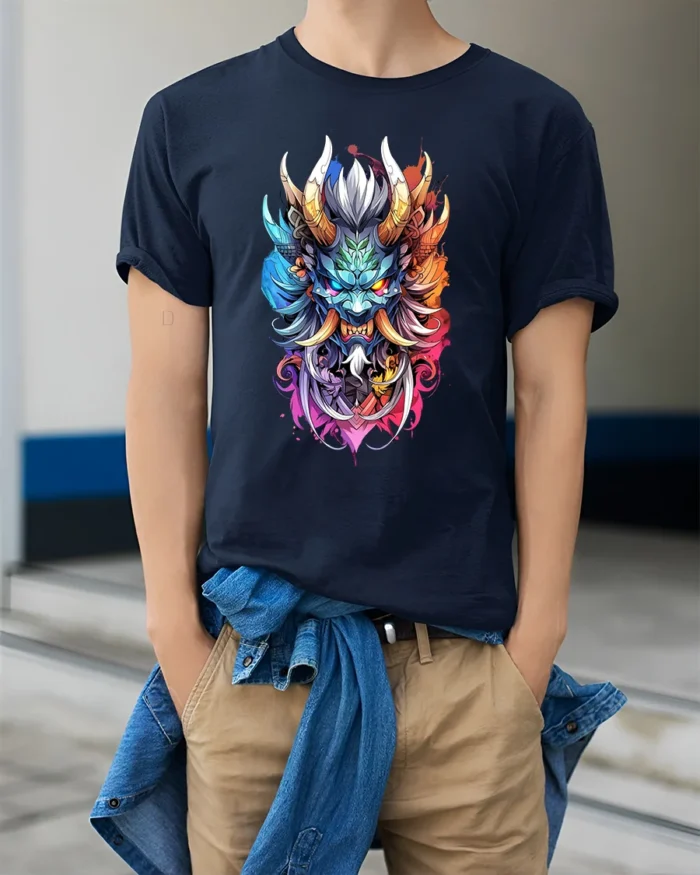 Colorful Oni Mask Japanese Demon Art T-Shirt - model wearing navy shirt, hands in pockets