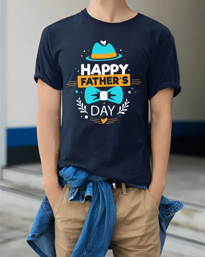 Happy Father’s Day Cute Dad Hat Bow T-Shirt - model wearing navy shirt, hands in pockets