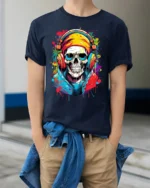 Skull Music Lover Cool Skeleton DJ T-Shirt - model wearing navy shirt, hands in pockets