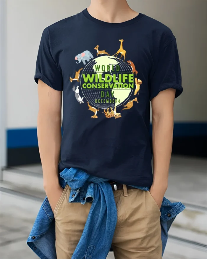 World Wildlife Day Animal Lover Earth T-Shirt - model wearing navy shirt, hands in pockets