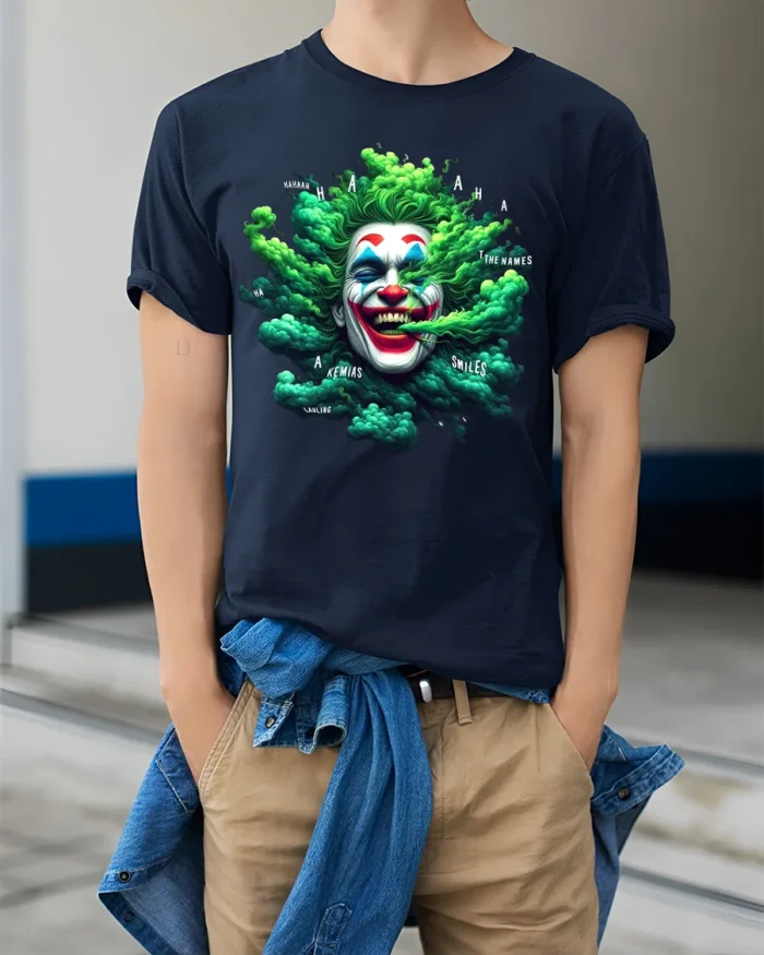 Green Smoke Joker T-Shirt Crazy Clown Graphic Tee - model wearing navy shirt, hands in pockets
