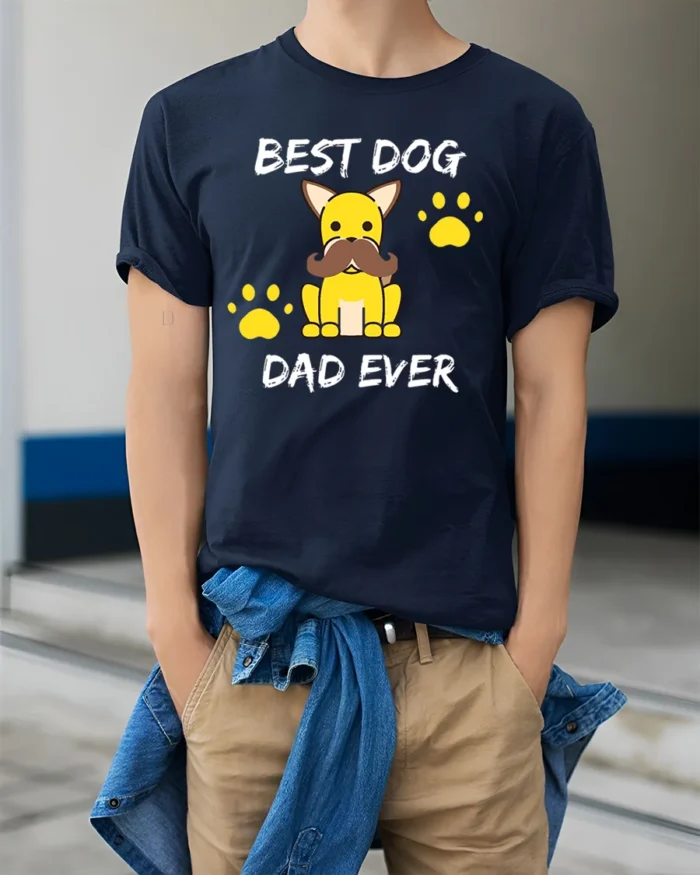 Best Dog Dad Funny Dog Lover Father’s Day T-Shirt - model wearing navy shirt, hands in pockets