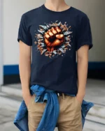 Power Punch Strong Fist Breaking Wall T-Shirt - model wearing navy shirt, hands in pockets