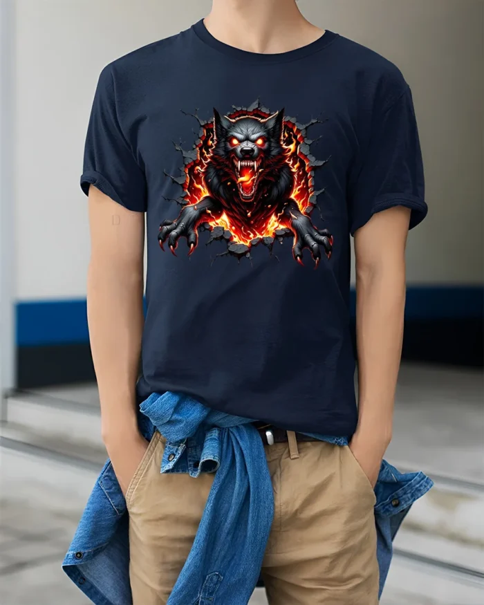 Fiery Wolf Breakout  Angry Wolf Graphic T-Shirt - model wearing navy shirt, hands in pockets