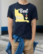 Best Cat Dad Funny Cat Lover Father’s Day T-Shirt - model wearing navy shirt, hands in pockets