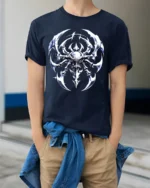 Alien Insect Icon Sci-Fi Creature Graphic T-Shirt - model wearing navy shirt, hands in pockets