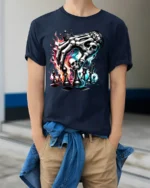 Death Plays Chess T-Shirt Skeleton Hand Game - model wearing navy shirt, hands in pockets