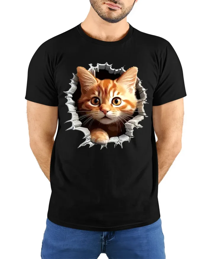Hole in Tee Cat T-Shirt Cute Tabby Kitten Graphic - model wearing black shirt, hands behind back