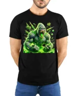 Green Ape Haze Tee Funny Gorilla Cannabis T-Shirt - model wearing black shirt, hands behind back