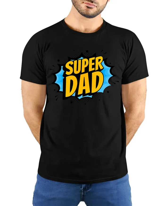 Superhero Dad T-Shirt Funny Father’s Day Tee Now - model wearing black shirt, hands behind back