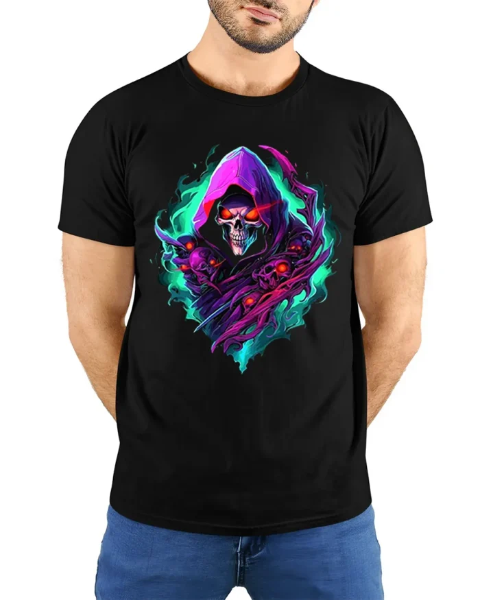 Spectral Death Cool Grim Reaper Skull T-Shirt - model wearing black shirt, hands behind back