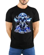 Azure Horned Warrior Powerful Fantasy Knight T-Shirt - model wearing black shirt, hands behind back